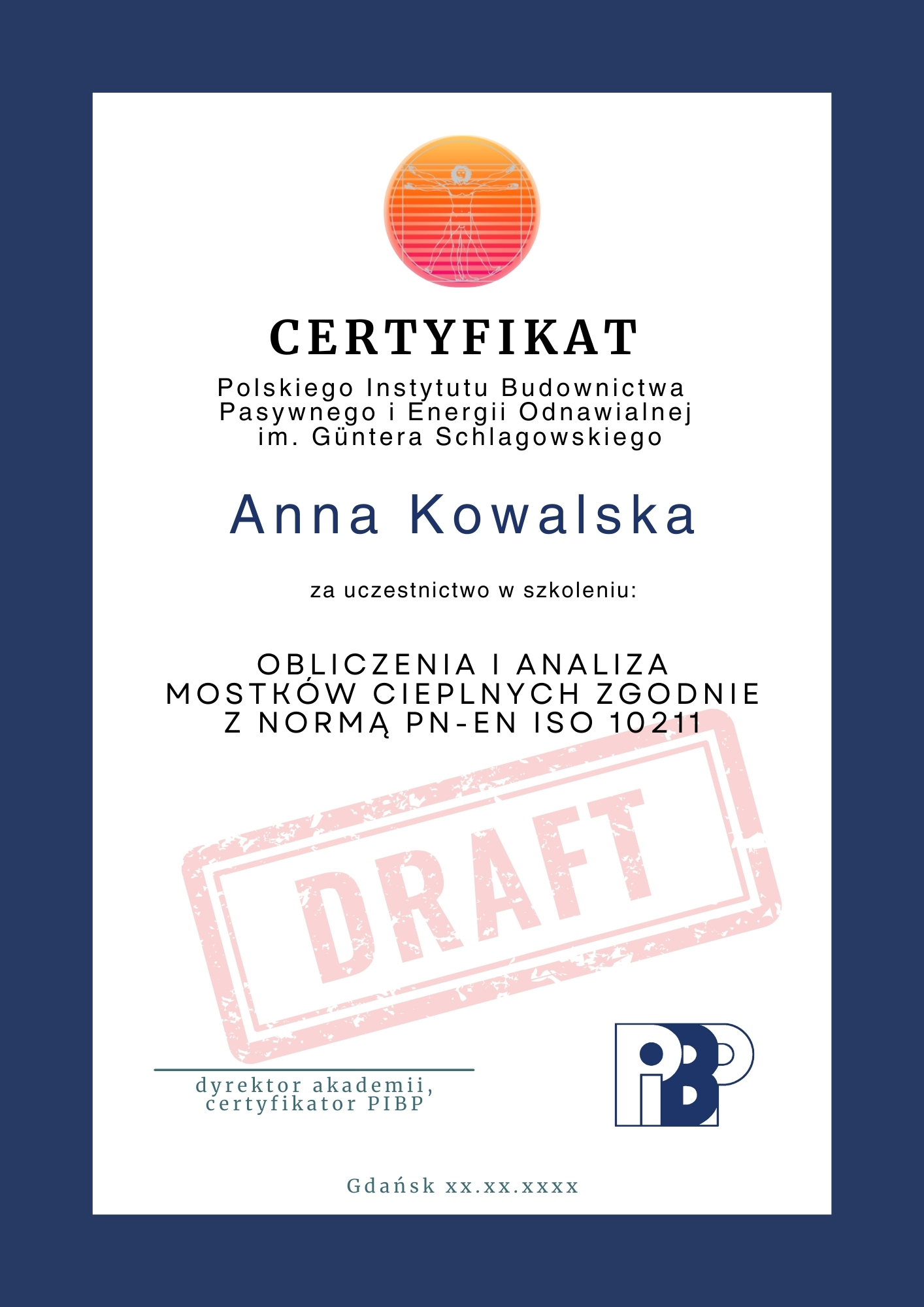 Wzór certyfikatu PIBP dla uczestników szkolenia mostki termiczne